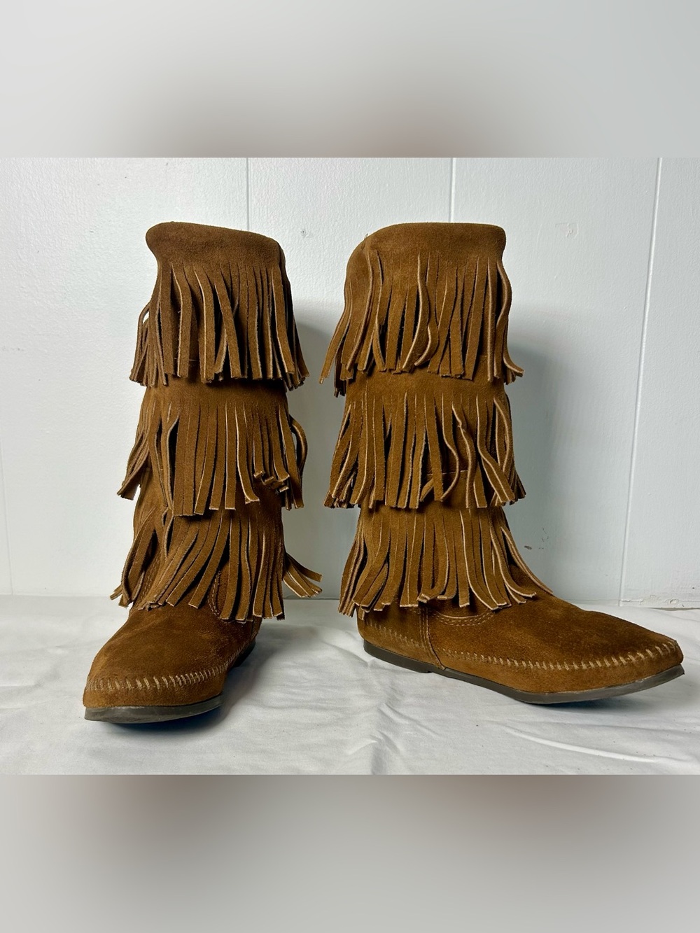 Minnetonka 3 Layer Fringe Suede Boots Brown Moccasin Size 7